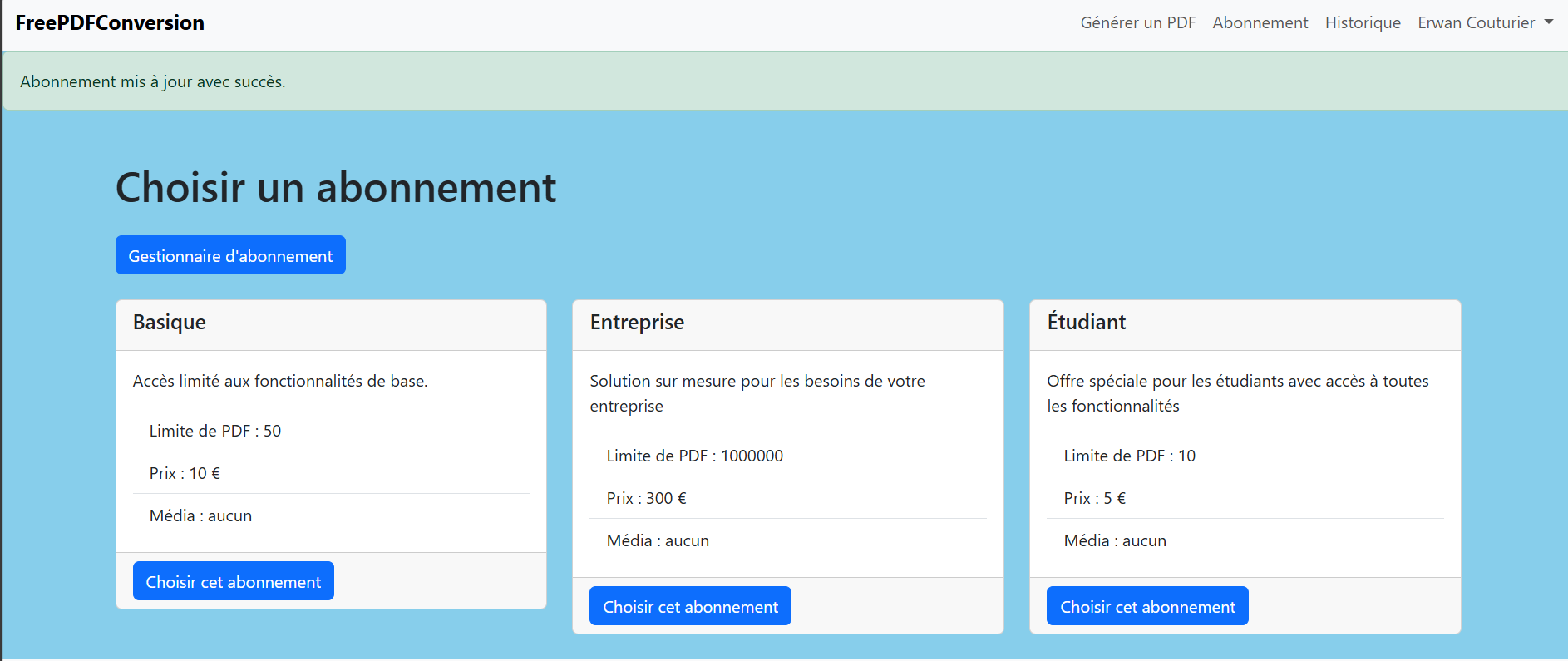 Page de choix des différents abonnements